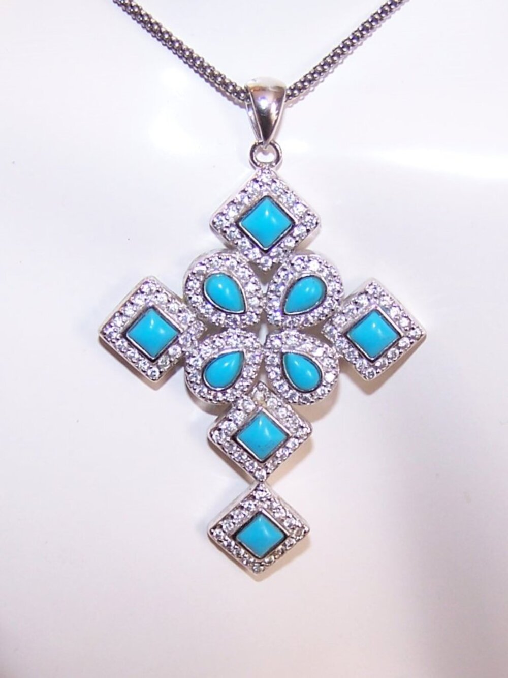 Sterling Silver Turquoise Cubic Zirconia Cross Pendant